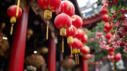 Vibrant red Chinese lanterns hung decoratively among flowers during festival : Generative AI
