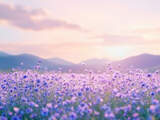 Naklejka premium Vibrant purple flowers in sunset landscape.