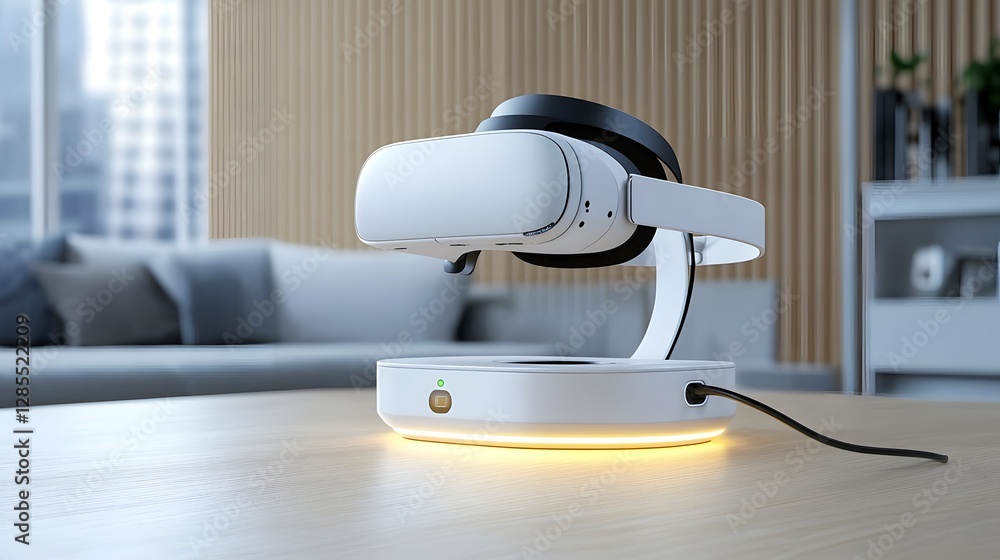 Aufkleber high tech virtual reality headset resting on an illuminated minimalist charging stand with a glowing