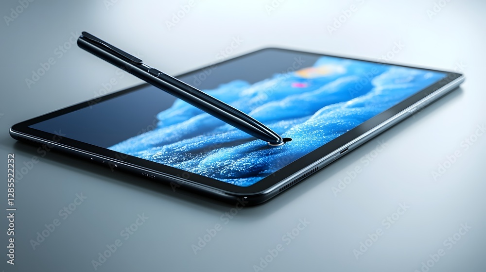 Poster image of a digital pen charging magnetically on the edge of a sleek modern tablet device the pen is 