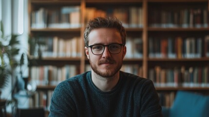 Fototapeta premium Man in library, focused, studying. Possible use Stock photo
