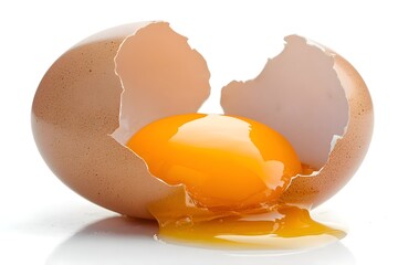 Half egg in cracked eggshell isolated on a clean white background in close-up