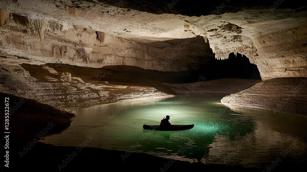 Poster explorer navigating bioluminescent caves with reflections on crystal clear underground lake a serene