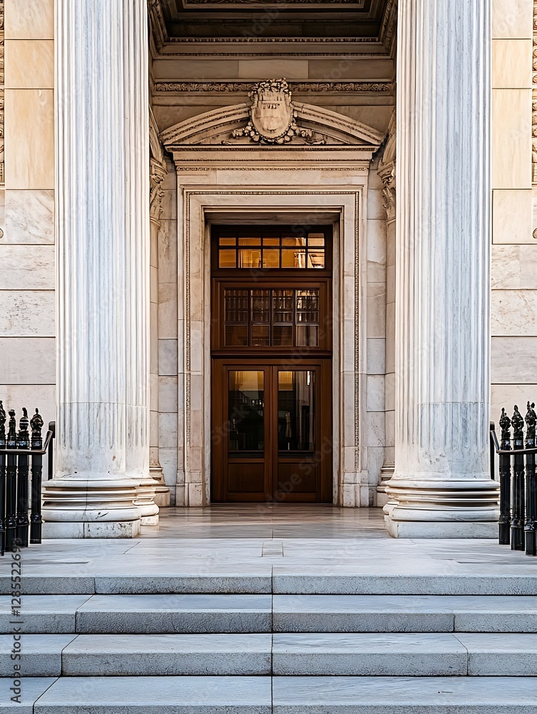 Poster elegant building entrance with stately columns and wooden double doors capturing architectural grand