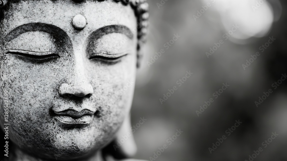 Poster Close Up of Peaceful Buddha Statue in Monochrome with Soft Focus Background : Generative AI