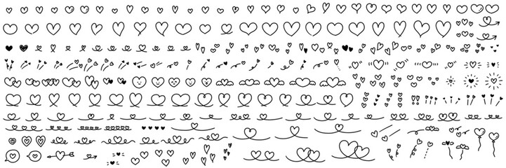 手書きのハートのベクターイラストセット。アイコン、手描き、落書き、バレンタイン