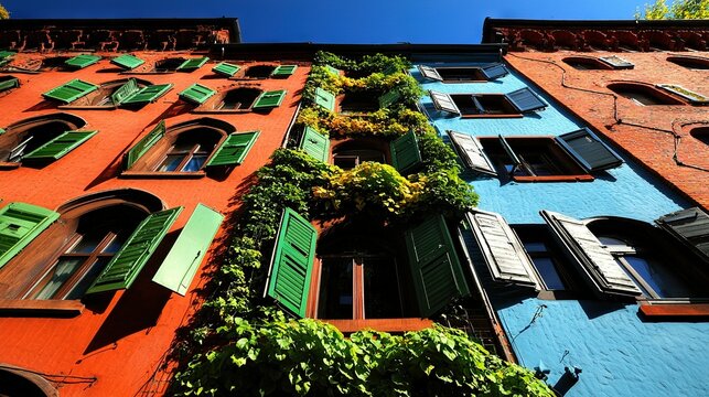   A towering edifice boasting verdant shutes and a lush vining adornment, bathed in radiant sunlight