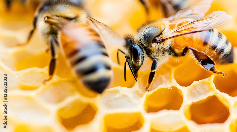 Poster close-up detail of bees on honeycomb perfect for nature and beekeeping enthusiasts : generative ai