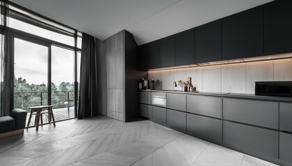 Corner view on dark kitchen room interior with panoramic window