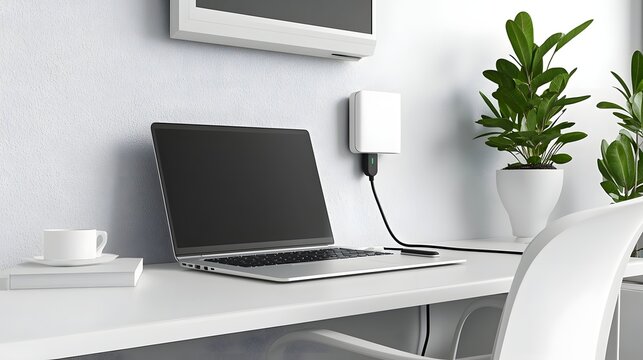 Laptop connected to a USB C fast charger resting on a clean modern desk setup in a minimalist professional workspace  Optimized for productivity and efficiency