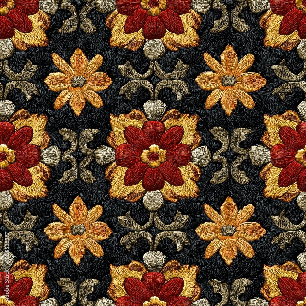 Poster pattern seamless texture for game, elegant floral pattern on a deep black background with intricate 