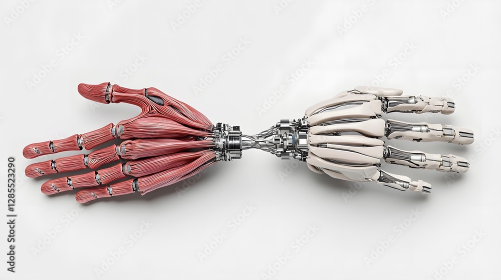 Poster macro close up view of a cyborg s finger joints showcasing the fusion of muscle like actuators and m