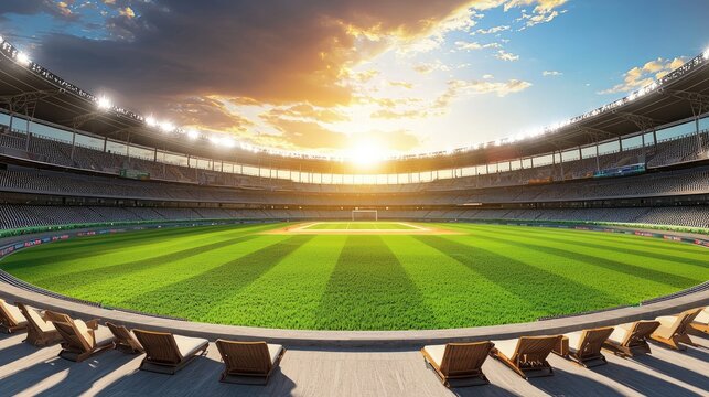 Spectacular Sunset Over a Modern Stadium with Lush Green Grass