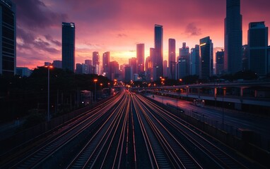 Fototapeta premium Dramatic sunset over city skyline with railway tracks in the foreground