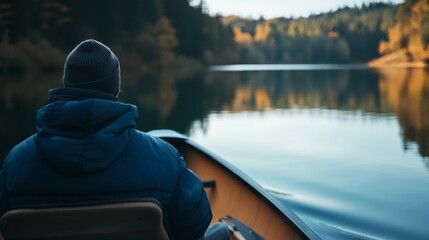 Man paddling canoe on calm lake, autumn forest background, tranquil scene, nature photography, potential for leisure/travel stock photo