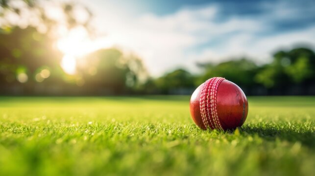 A red and white cricket ball is sitting on a green field