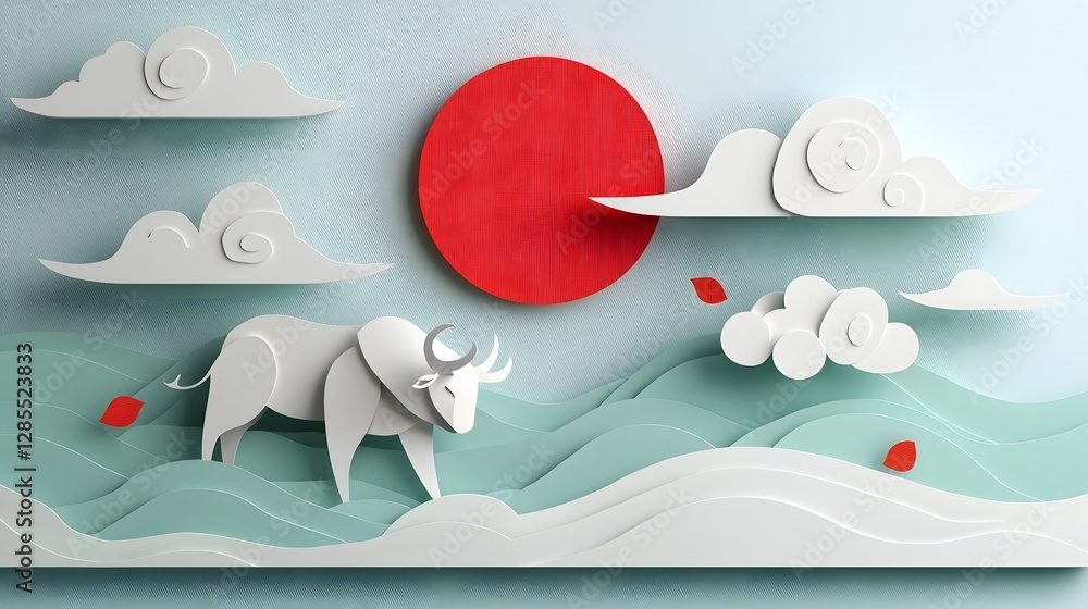 Poster majestic paper cut ox surrounded by swirling cloud patterns in a serene mythical landscape symbolizi