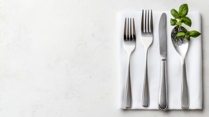 Elegant silverware on napkin, basil sprig, white background; food menu design
