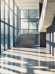 Obraz premium Sunlit Modern Minimalist Interior with Staircase in Bright Glass Building : Generative AI