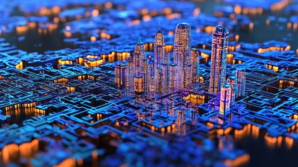 Abstract 3D City Skyline with Neon Lights and Digital Design Elements