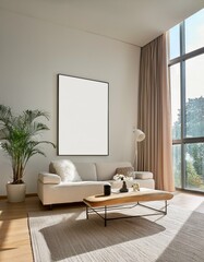 Fototapeta premium Bright living room interior with empty white poster, panoramic window