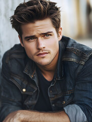 Obraz premium Portrait of Handsome Man Posing in Stylish Denim Jacket : Generative AI