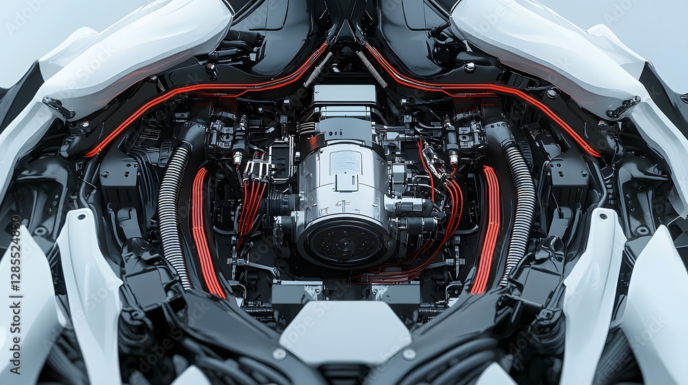 Poster Partially open cyborg chest panel exposing an intricate power core surrounded by a network of tubes and moving parts showcasing advanced futuristic technology and engineering