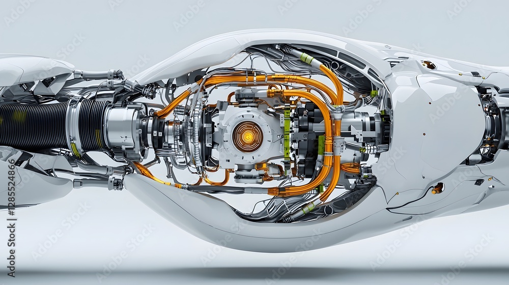 Poster partially open cyborg s chest panel revealing power core surrounded by intricate tubes and moving pa
