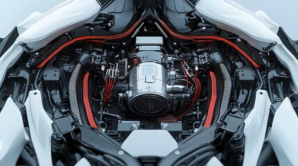 Partially open cyborg chest panel exposing an intricate power core surrounded by a network of tubes and moving parts showcasing advanced futuristic technology and engineering