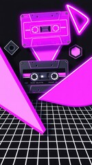 Retro Synthwave Aesthetic: Cassette tapes and neon shapes creating a nostalgic 80s feel, digital art.