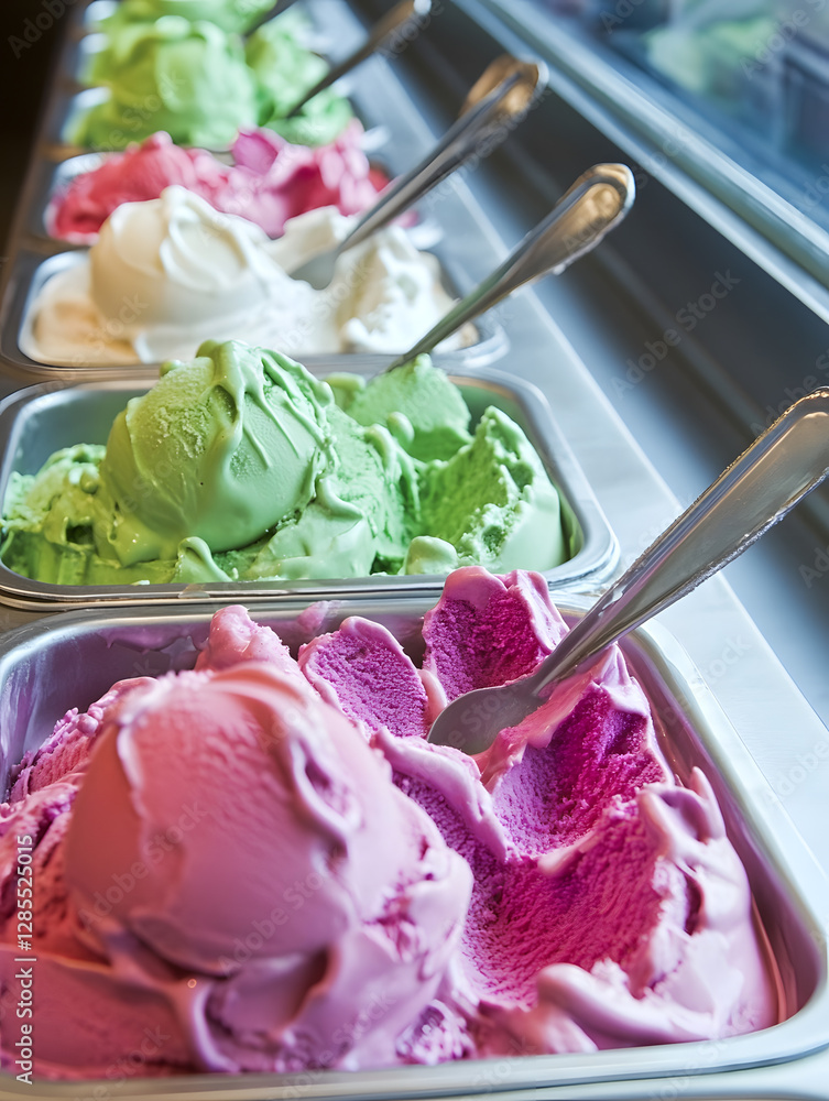 Poster assorted colorful ice cream scoops in serving trays perfect for dessert menus and summer : generativ