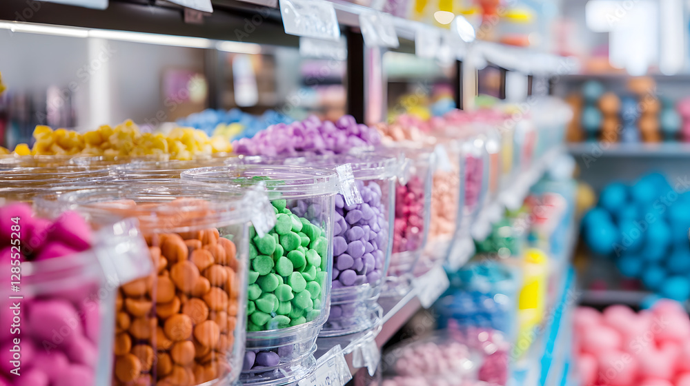 Poster colorful candy store bulk candy display with various sweets in clear jars : generative ai