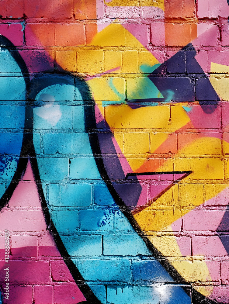 Aufkleber vibrant rainbow colors abstract street art graffiti on brick wall with dynamic shapes and patterns :