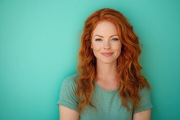 Fototapeta premium Smiling ginger woman poses in casual t-shirt against vibrant turquoise wall in bright daylight, Smiling ginger woman in t-shirt posing and looking at the camera over turquoise background