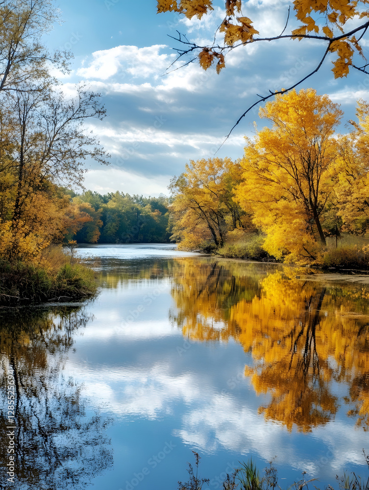 Poster scenic autumn river view with reflective water surrounded by colorful trees : generative ai