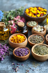 Variety of Spices and Dried Herbs in Wooden Bowls for Culinary and Aromatic Use : Generative AI