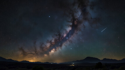Fototapeta premium A breathtaking view of the Milky Way spans the night sky, with stars and distant mountains illuminated below.