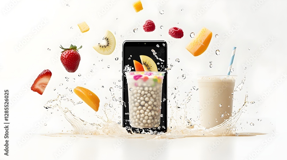 Poster Refreshing bubble tea with colorful tapioca pearls floating out of a smartphone surrounded by splashing liquid and fresh fruit slices  Vibrant and eye catching image for a digital product