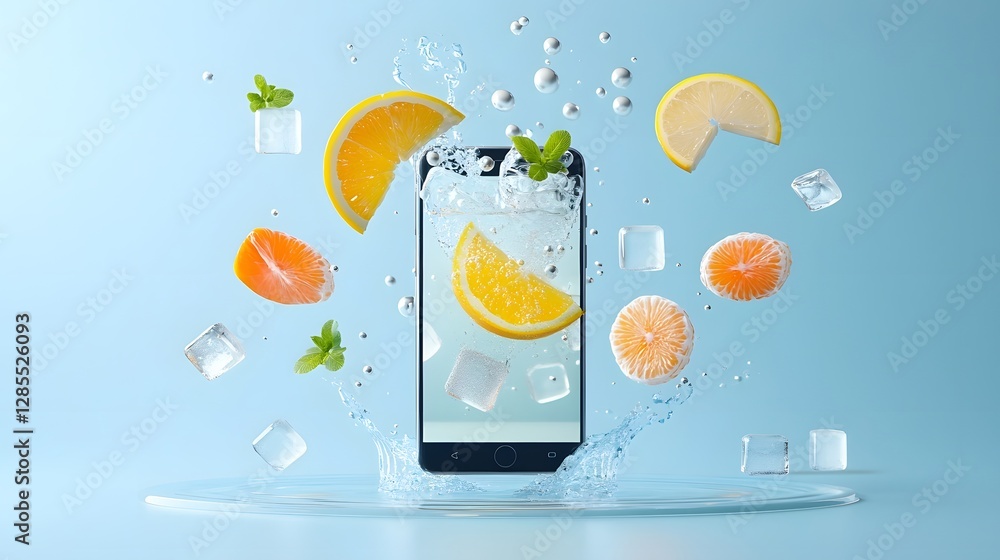 Poster refreshing cocktail with citrus slices ice cubes and bubbles suspended and pouring out from a smartp