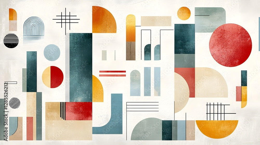 Aufkleber retro inspired abstract composition featuring geometric shapes in faded reds oranges and teal blues 