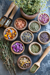 Rustic Herbal Collection in Wooden Bowls with Dried Herbs Flatlay Display : Generative AI