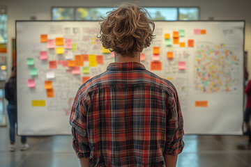 young man looking at planning board