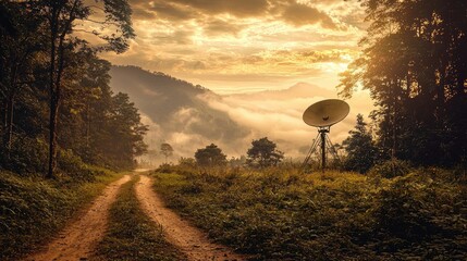 Fototapeta premium Serene Landscape with Dish Antenna Amidst Hills and Misty Morning