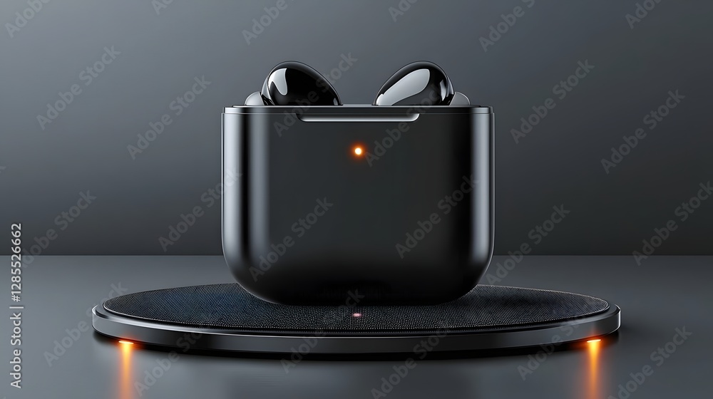 Poster sleek wireless earbuds case charging on a compact portable charging mat in a minimalist studio setup