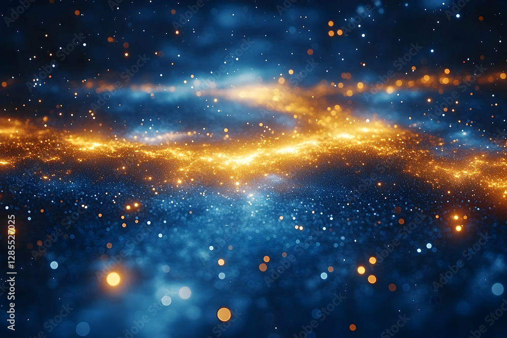Poster abstract universe background with dazzling gold particles and blue nebulae creating a cosmic galaxy 