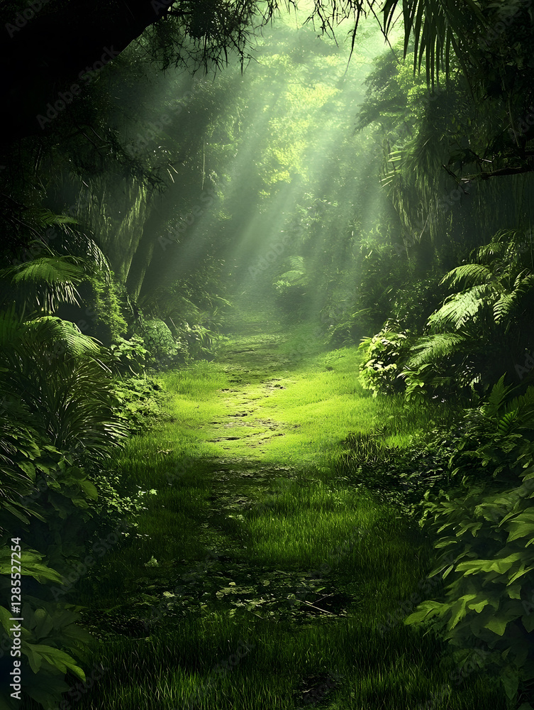 Poster sunlit forest pathway with lush greenery and mystical ambiance : generative ai