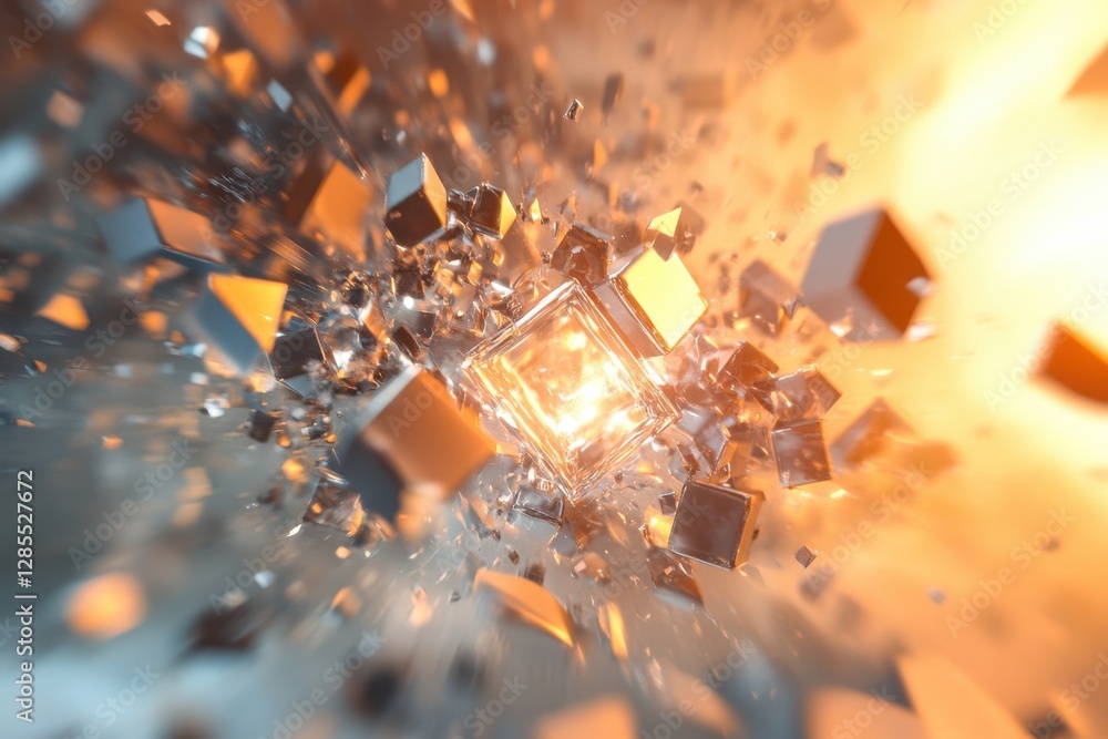 Leinwandbilder abstract cubic forms create a dynamic explosion of light and texture in a vibrant digital space, abs