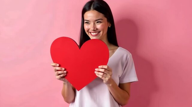 Woman joyfully holding heartshaped card against pink background - Powered by Adobe