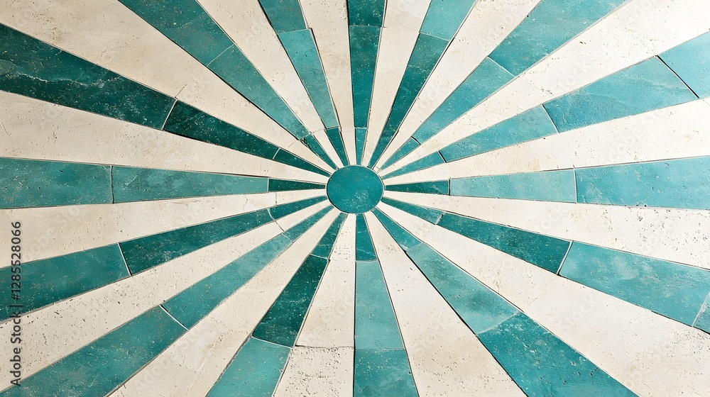 Poster Vintage inspired retro sunburst pattern with distressed textured edges in a muted color palette of creamy white and soothing teal shades  This abstract geometric design creates a dynamic