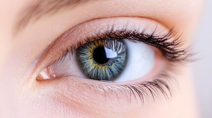 Obraz premium Macro closeup of a vibrant green eye showcasing intricate iris details and long eyelashes : Generative AI